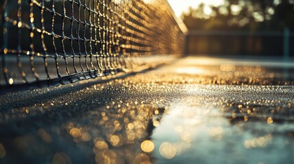 A close-up view of a tennis net glistening with water droplets at sunset, creating a serene atmosphere.