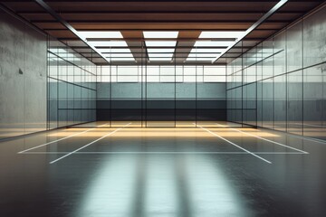  Modern squash court with sleek glass walls and wooden accents, illuminated for an energetic game.