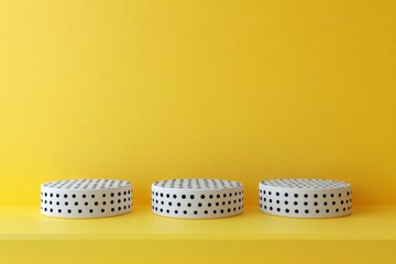 Poster - Three white cylinder podiums with black dots on yellow background