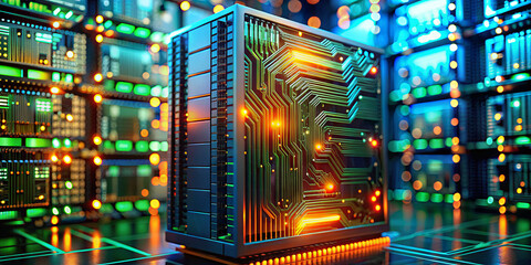Poster - A compact server cube stands out in a modern data center, illuminated by vibrant lights. Intricate circuits are visible, showcasing advanced technology in a high-capacity environment