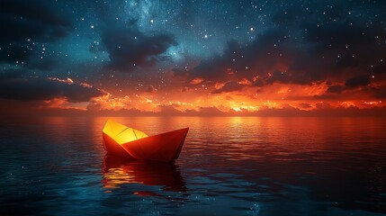 Wall Mural - Paper boat glows on water at sunset.