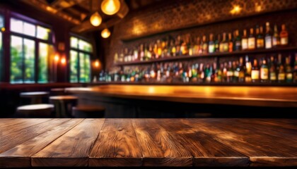 Wall Mural - Empty old wooden table background surface with blurred bar interior background. Empty table mockup for products