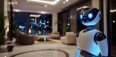 Poster - a zoomed-in view of a white robot with blue radiant eyes in a sleek living room