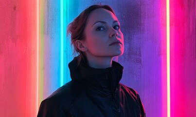 Wall Mural - Woman is standing in front of a wall with neon lights. She is wearing a black jacket and has her hair pulled back.