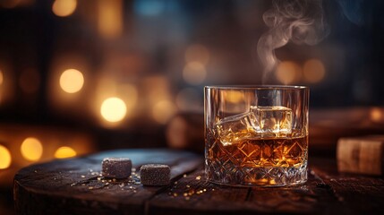 Poster - Crystal glass of whisky with ice cubes releasing smoke on wooden surface