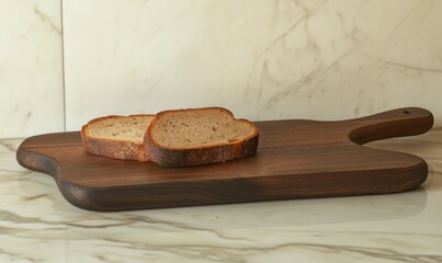 Wooden cutting board with two slices of bread on it. The bread is brown and has a crust. The cutting board is placed on a marble countertop