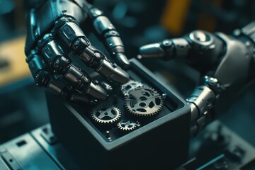 Poster - A futuristic robotic hand delicately interacts with intricate mechanical gears in a high-tech environment.