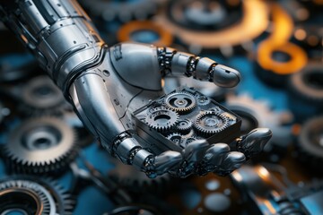Poster - A futuristic robotic hand holding intricate gears, symbolizing advanced technology and innovation.