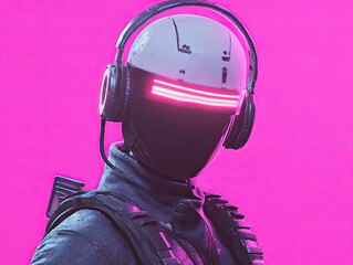 Poster - in front of a striking pink and purple scene, a futuristic robot sports a radiant halo on its head