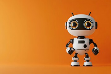 Poster - A cheerful and adorable robot gestures towards a direction, exuding friendliness and happiness in this 3D illustration. Ample copy space included