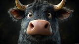 A black cow with horns and a big nose