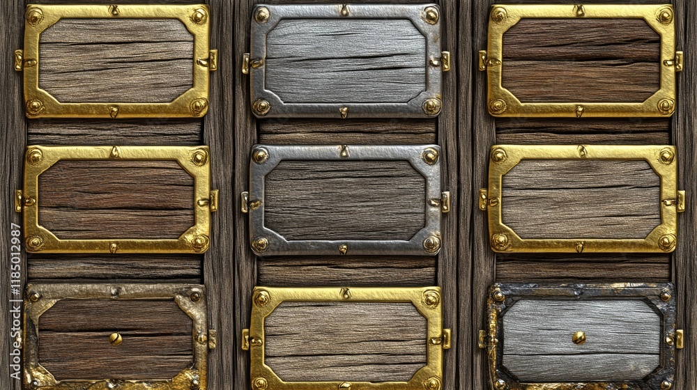 Wooden buttons with gold and silver frames for game ui design. Vector ...
