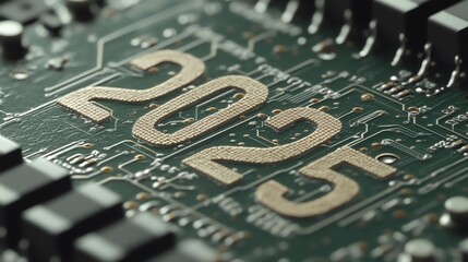 Poster - Close-up of a circuit board featuring the year 2025, symbolizing technology and innovation.