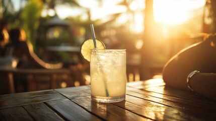 Poster - Refreshing alcoholic drink with lime at sunset in outdoor restaurant