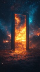 Poster - A striking door stands alone in a boundless field, glowing with fiery hues against a celestial backdrop. It invites curiosity and exploration into the unknown