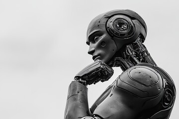 Poster - a white humanoid robot with a thoughtful expression, depicted on an isolated white background, image