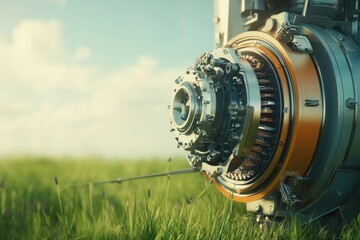 Poster - Close-up of a futuristic engine component set against a lush green field, showcasing innovation and technology.