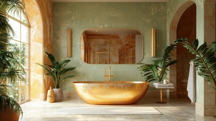 Aufkleber - A breathtaking bathroom showcases a sumptuous golden bathtub under soft lighting, adorned with lush greenery and chic accents, exuding tranquility and elegance during twilight