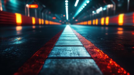 Poster - A moody, futuristic underground tunnel with glowing orange lights and wet pavement, inviting exploration.