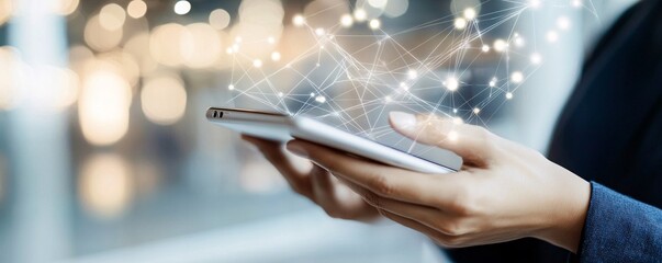 Poster - Businesswoman using tablet with hologram network connection