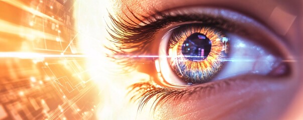 Fototapete - Woman eye reflecting futuristic digital data flowing through electronic circuit