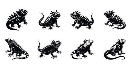 Canvas Print - Chameleon black and white silhouette vector illustration