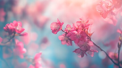 Aufkleber - Pink flowers blooming on branch in spring sunlight pastel colors