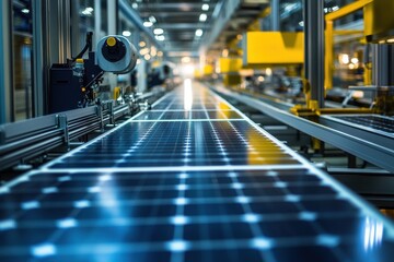 Poster - Close-up of a solar panel production line, showcasing technology and innovation in renewable energy.