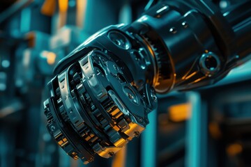 Poster - Close-up of a robotic hand with metallic features and glowing accents, showcasing advanced technology.