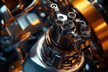 Poster - Close-up of a futuristic robotic component with metallic details and glowing accents, showcasing advanced engineering.