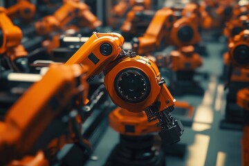 Poster - Close-up of an orange robotic arm in a futuristic factory setting, highlighting precision and automation.