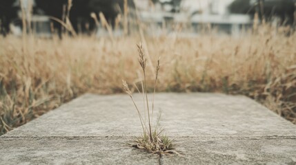 Wall Mural - Small plant growing through cracked concrete, surrounded by dry grass.