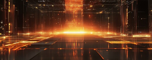 Aufkleber - Futuristic corridor glowing with orange light in abstract cyberspace