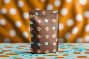 Poster - Colorful patterned packaging on a vibrant polka dot background.