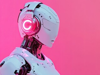 Poster - a robot from the future, featuring a luminous halo above its head, stands out against a vivid pink a