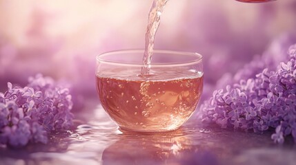 Canvas Print - A clear glass cup filled with freshly brewed tea, surrounded by delicate purple lilac flowers, with water being poured into the cup