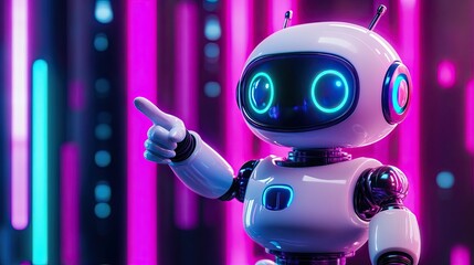 Poster - In front of a dark background illuminated with lights, a white robot with blue eyes points to the left