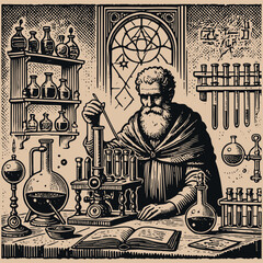 Alchemist in laboratory, black vintage flat vector engraving art