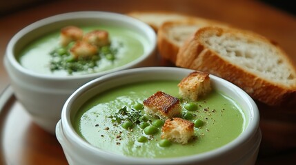 Sticker - Two bowls of vibrant green soup topped with croutons and peas, accompanied by slices of bread on a wooden surface