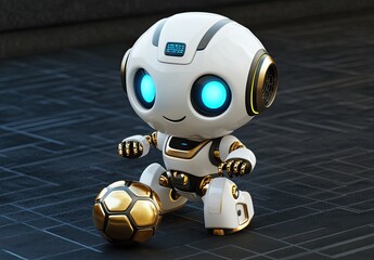 Poster - Under a bright blue light, a small white robot with blue eyes is playing soccer with a golden ball