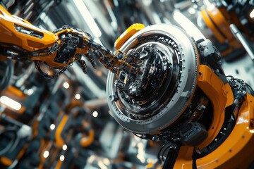 Poster - Close-up of a futuristic robotic arm interacting with advanced technology in an industrial setting.