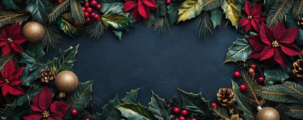 Poster - Christmas decoration border framing dark blue background with copy space