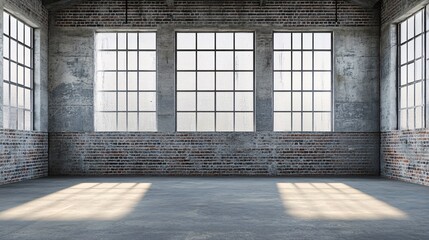Aufkleber - Empty industrial loft with large windows and brick walls receiving sunlight