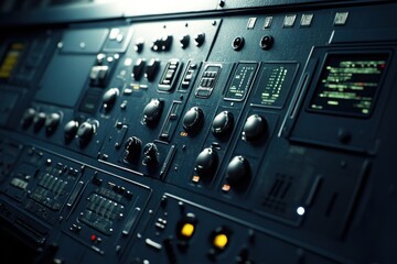 Poster - Close-up of a dark control panel with various switches and displays, evoking a high-tech atmosphere.