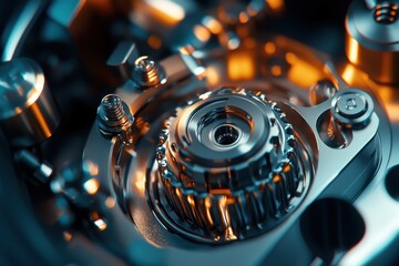 Poster - Intricate close-up of metallic gears and components, showcasing precision engineering and design.