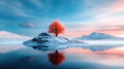 A captivating snowy island landscape featuring a solitary tree in vibrant autumn colors, creating a stunning contrast against the icy waters and mystical sunset.