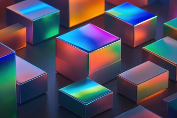 Poster - Colorful iridescent boxes reflecting light in an abstract arrangement, creating a vibrant modern aesthetic.