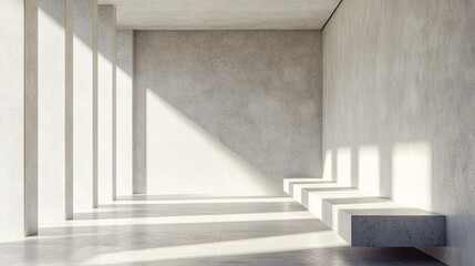 Aufkleber - Sunlight illuminating concrete wall and benches in modern minimal building