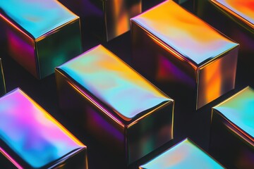Poster - colorful metallic blocks with iridescent reflections creating a vibrant, abstract pattern.