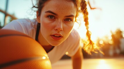 An intense young basketball player fully engaged in the game, showcasing determination and focus while poised to make her next move in a vibrant outdoor court.